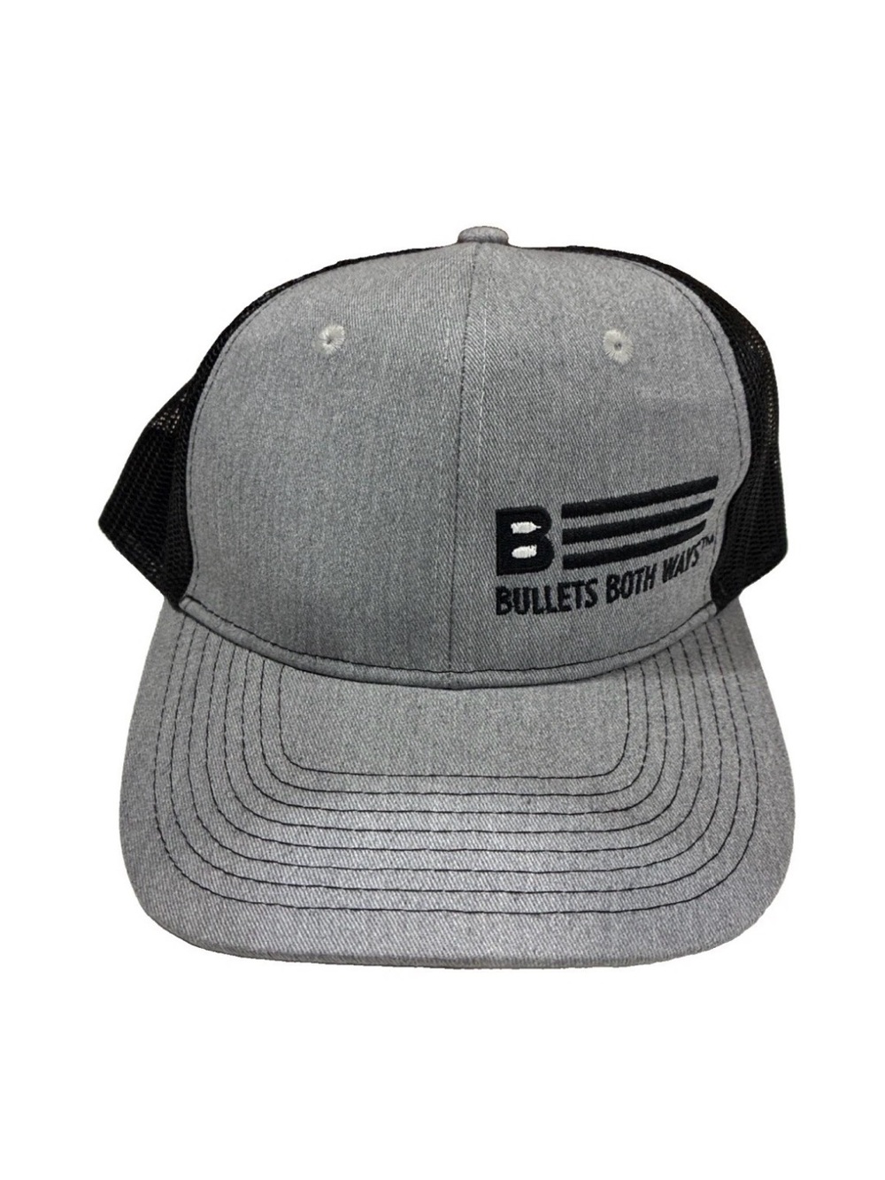Bullets Both Ways Trucker Hat Ball Cap Snapback Mesh Gray Black Embroidered EUC